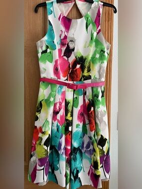 Eliza J White Floral Fit-and-Flare Dress with Pink Belt